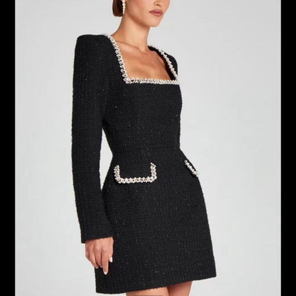 Tweed Long Sleeve Dress Women Fashion Shiny Square Collar Shoulder Pads Dress - Picture 4 of 10